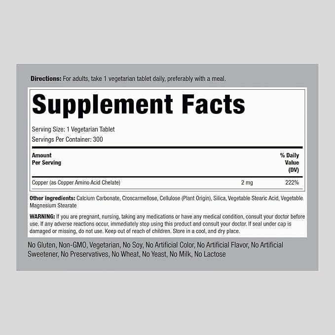 Piping Rock Chelated Copper 2 mg Supplement | 300 Tablets | Vegetarian, Non-GMO, Gluten Free