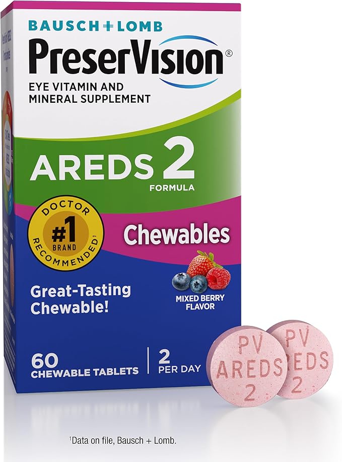 PreserVision AREDS 2 Eye Vitamins, #1 Eye Doctor Recommended Brand, Chewable Lutein and Zeaxanthin Supplement with Vitamin C, Vitamin E,Zinc, and Copper, Mixed Berry, 60 Tablets
