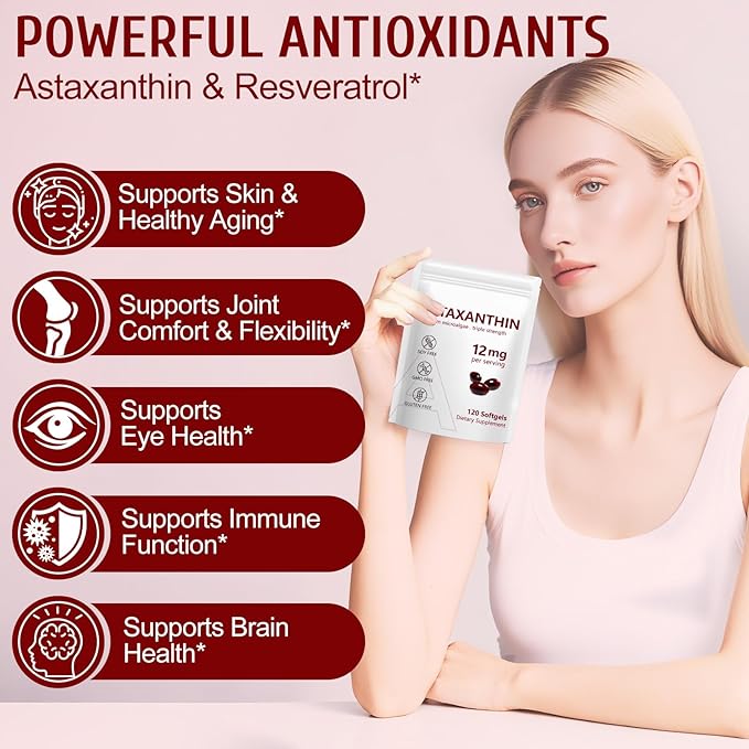 NenMaoKeNu Astaxanthin 12mg, Premium Astaxanthin Antioxidant Supplements with Antioxidant Activity, Supports Eye, Immune, Skin Health, Internal Circulation-120 Softgels