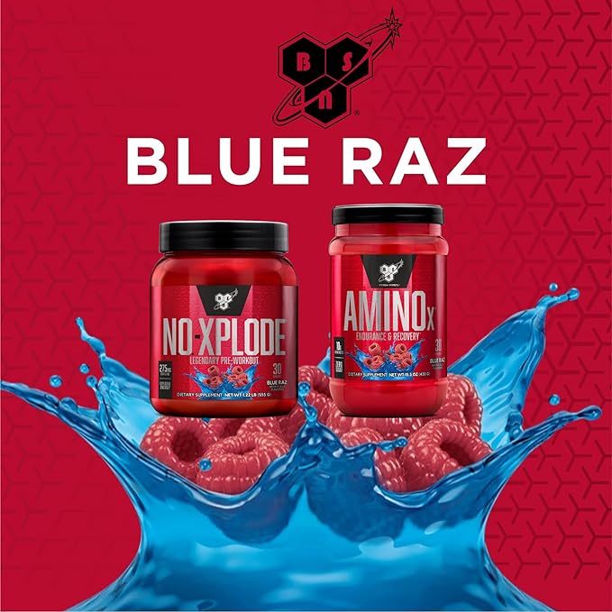 BSN Workout Bundle of NO XPLODE Pre Workout Powder Blue Raz, 30 Servings Amino X Muscle Recovery Intra Workout Support, Caffeine Free Blue Raz, 30 Servings