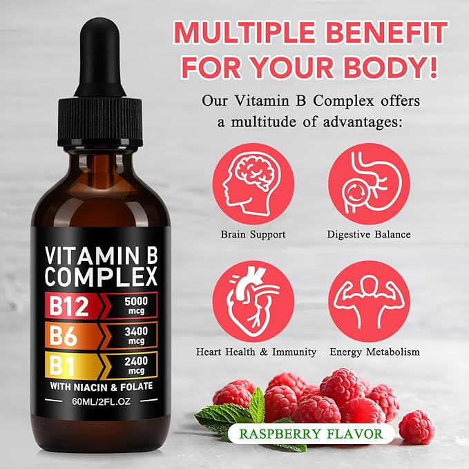 Organic Vitamin B Complex Drops for Men & Women | Vitamin B12 Methylcobalamin, B6, B1, B9 for Metabolic Health Support | Immune Support, Non-GMO, Gluten Free - 2 Month Supply 60ML