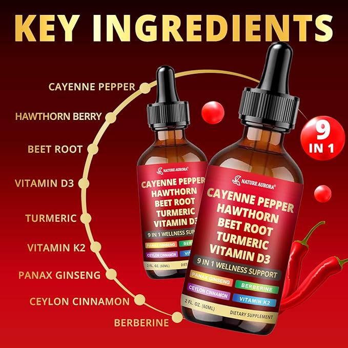 Cayenne Pepper Liquid Drops, 2pcs Cayenne Pepper Extract Drops Supplement Liquid with Hawthorn Berry, Ceylon Cinnamon and 5 More Herbals - Immune Support, Circulation & Overall Wellness