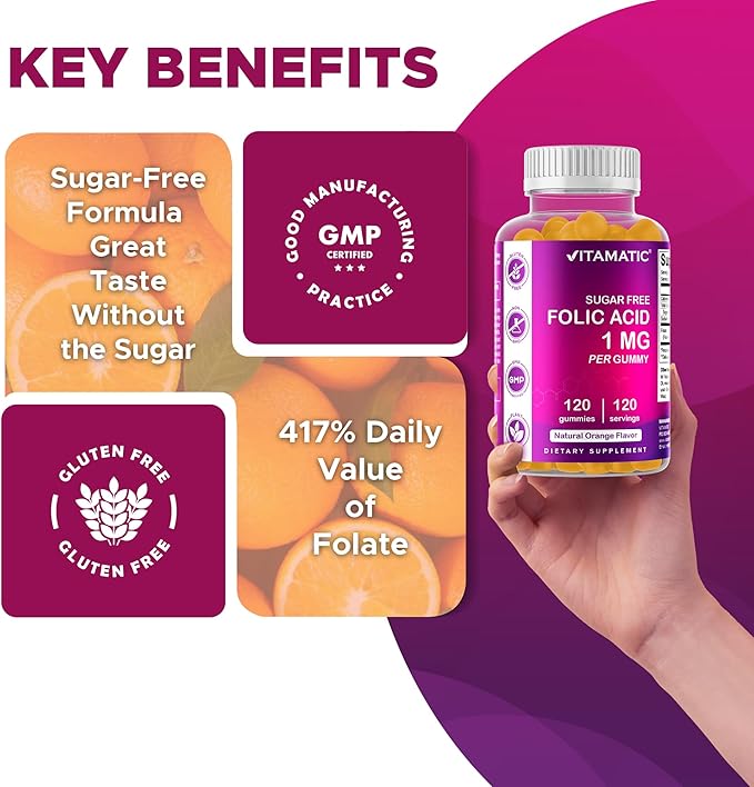 Vitamatic Folic Acid Gummies 1000 mcg (1 mg) – Essential Prenatal Vitamin B9 for Mom & Baby – 120 Vegan Gummies per Bottle – 2 Pack