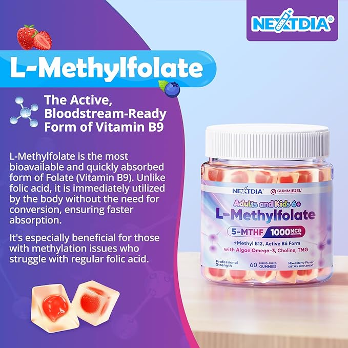 L-Methylfolate 1000 mcg + Methyl B12 Gummies for Kids & Adults - Active 5-MTHF, w/Omega-3 DHA & EPA(3:1), Choline & TMG, B6, Supports MTHFR Gene, Brain, Energy & Methylation, Sugar free, 120 Cts