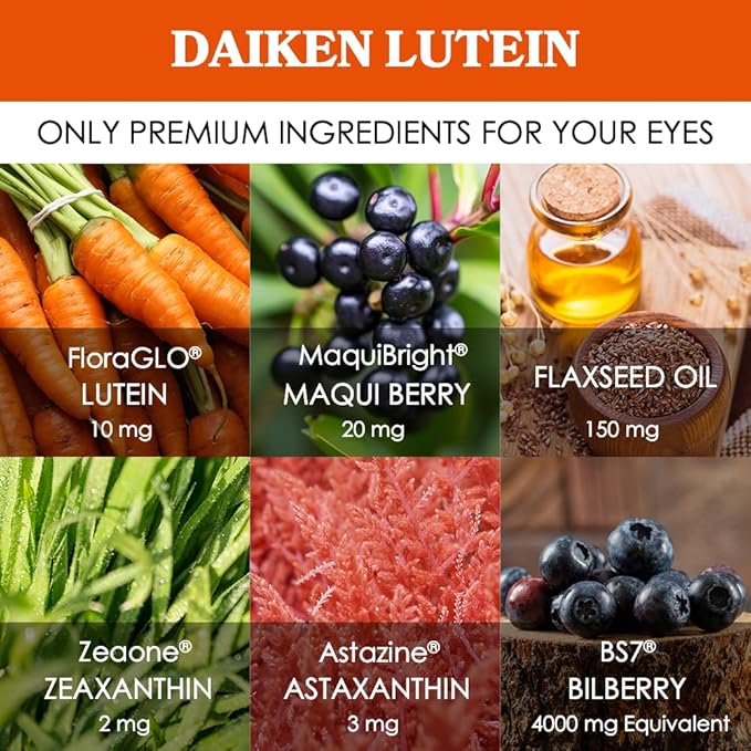 DAIKEN Lutein and Zeaxanthin Supplements, AREDS 2 Inspired Formula with Astaxanthin, Maqui Berry, Bilberry, Flaxseed Oil & Vitamin E, 30 Softgels
