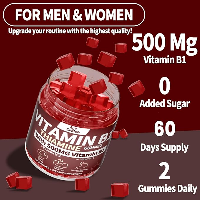 （2 Pack） Thiamine Vitamin B1 Gummies - 500g Vegan Sugar Free Thiamine Supplement, with Natural Mixed Berries Flavor for Adults & Kids (120 Counts)