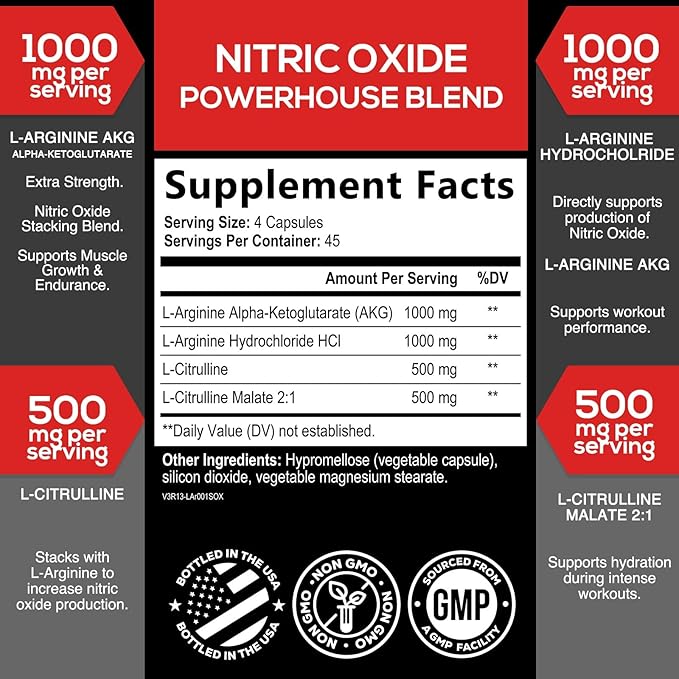 Extra Strength Nitric Oxide Booster - 3X Strength L-Arginine AKG & Citrulline Malate - Men & Women Premium Pre Workout Nitric Booster - Natural Energy & Muscle Support, Bottled in USA - 180 Capsules