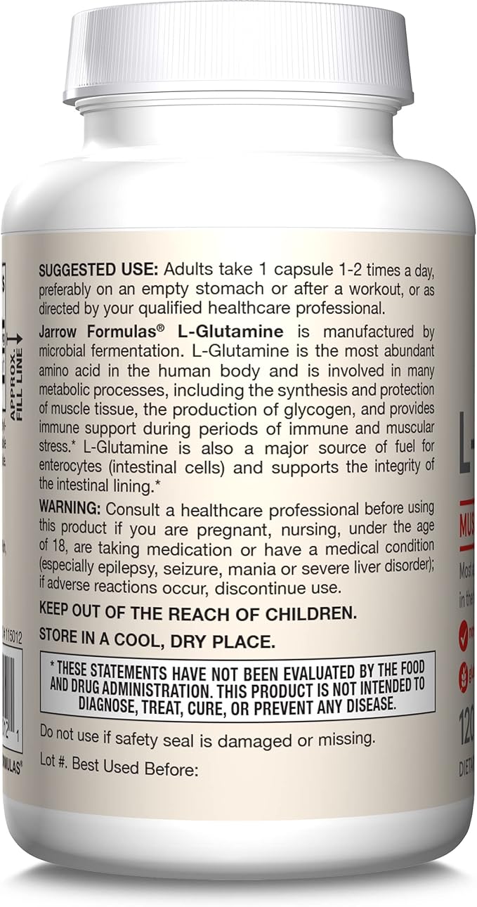 Jarrow Formulas® L-Glutamine 750 mg, Dietary Supplement, Immune and Muscle Support, 120 Veggie Capsules, Up to 120 Day Supply