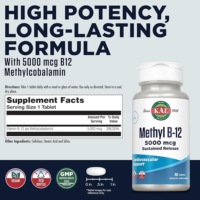 KAL Vitamin B12 Methylcobalamin 5000mcg, Healthy Energy, Metabolism, Nerve & Red Blood Cell Support,* Fast Dissolve ActivMelts, Optimal Absorption, Natural Raspberry Flavor, 90 Servings, 90 Micro Tabs