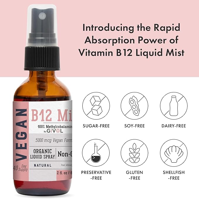 B12 Liquid Spray Mist – Hydrating Fine Mist Spray for Everyday Use – Easy Absorption & Convenient Application for Kids & Adults - 2 Fl Oz / 60 ml Travel-Friendly Bottle – 240 Spray Supply