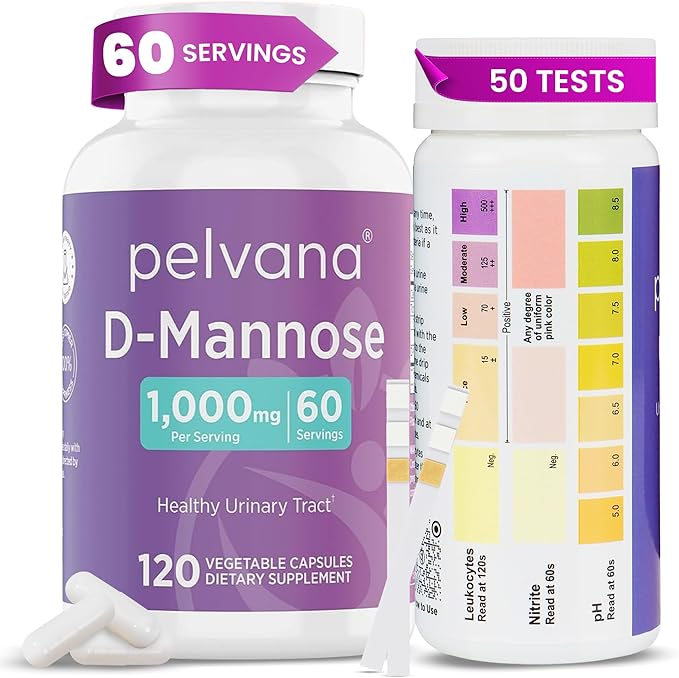 Pelvana UTI Test Strips and D-Mannose Supplement Bundle – at-Home Testing Kit for Women, Supports Urinary Tract Balance, Flushes Impurities, Provides Accurate Results, 50 Count Strips, 120 Capsules