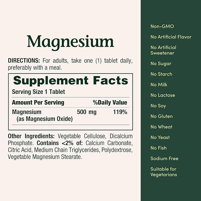 Nature's Bounty Magnesium 500 mg Tablets, High Potency Magnesium Supplement for Bone & Muscle Health, Whole Body Support, 200 Count (Pack of 1)