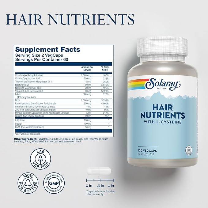 SOLARAY Hair Nutrients Supplement for Women & Men - with Biotin, L-Cysteine Vitamin A, Iron, Zinc, 60 Servings - 120 Veg Caps