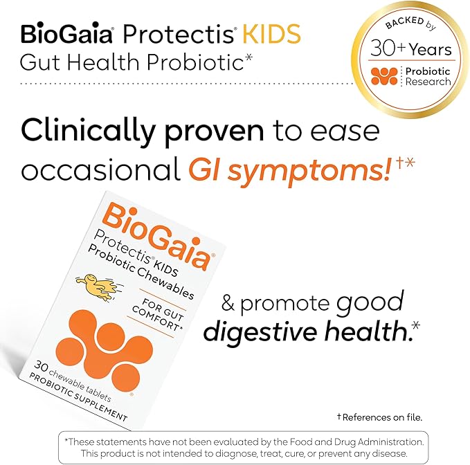 BioGaia Kids Probiotic Chewables | Promote Regularity | Ease Occasional Tummy Troubles | Ages 3+ | Allergen, Dairy, Soy & Gluten Free | Backed by 30 Years of Probiotic Research | 90 Day Supply