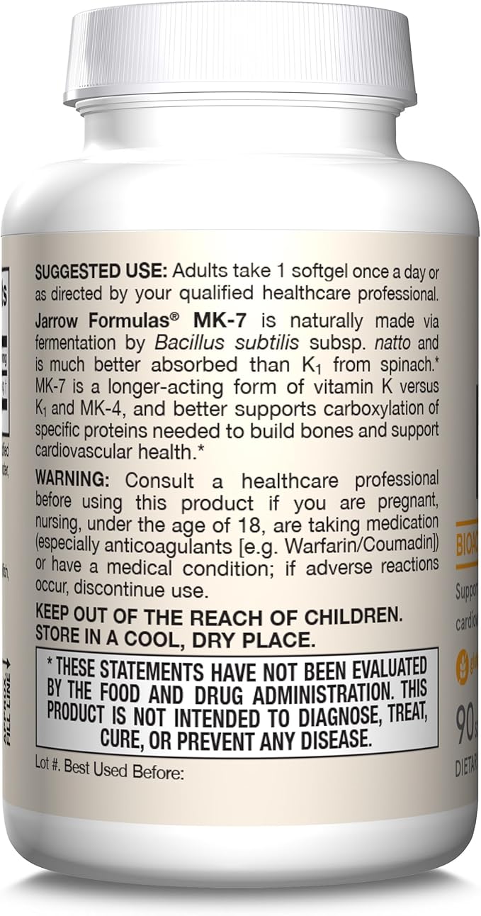 Jarrow Formulas MK-7 90 mcg - Bioactive Form of Vitamin K2-90 Servings (Softgels) - for Bone & Cardiovascular Health - Vitamin K2 MK-7 Dietary Supplement - Gluten-Free