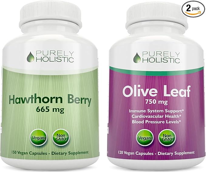 Purely Holistic Hawthorn Berry 665mg + Olive Leaf Extract 750mg Bundle + 270 Vegan Capsules - Made in The USA