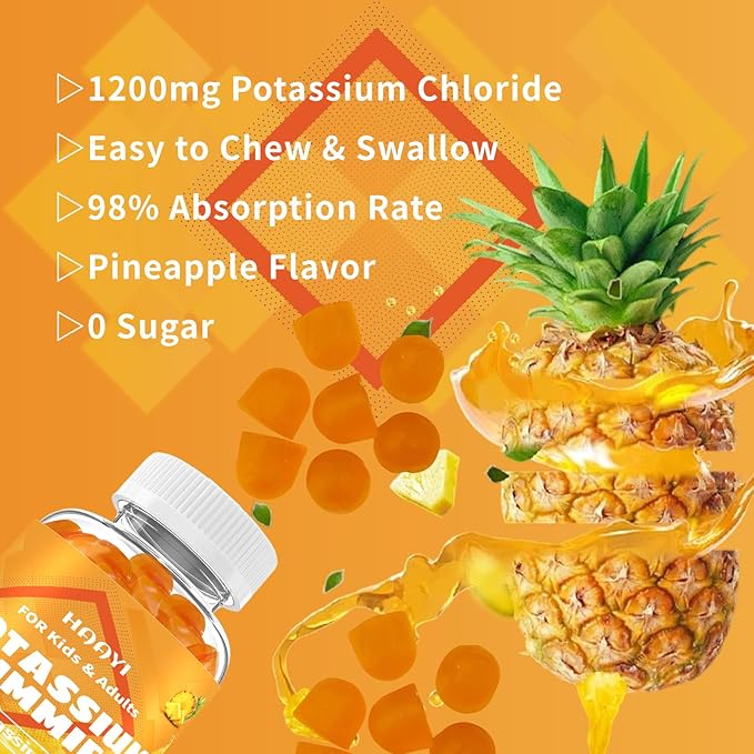 1200mg Potassium Chloride Supplement Gummies for Adults Women Men，High Potassium Supplement Support Leg Cramps & Electrolyte Balance& Heart Health， Sugar Free,Pineapple Flavor,90 Count