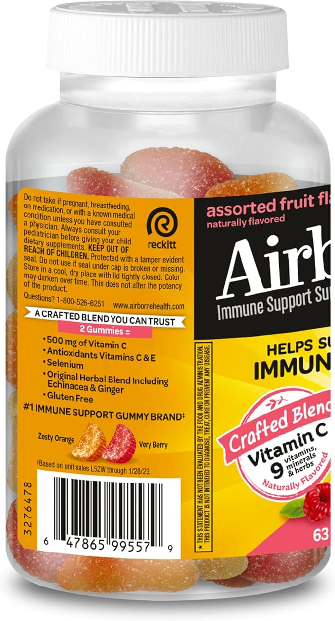 Airborne 500mg Vitamin C + Zinc Immune Support Supplement Gummies for Kids, Assorted Fruit Flavor, Gluten Free Crafted Blend with Powerful Antioxidants Vitamins C & E, 63 Gummies