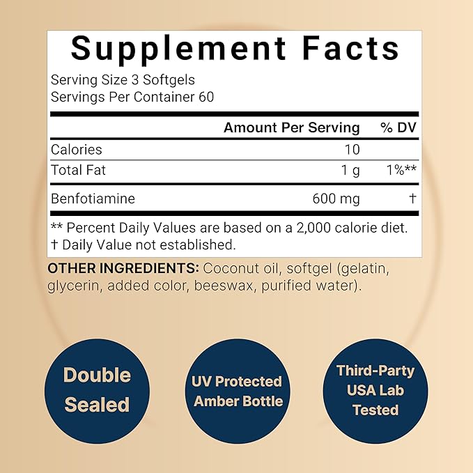 NatureBell Benfotiamine (Fat-Soluble Vitamin B1), Coconut Oil Softgels, 180 Count – 600 mg Per Serving – Non-GMO, cGMP Manufactured