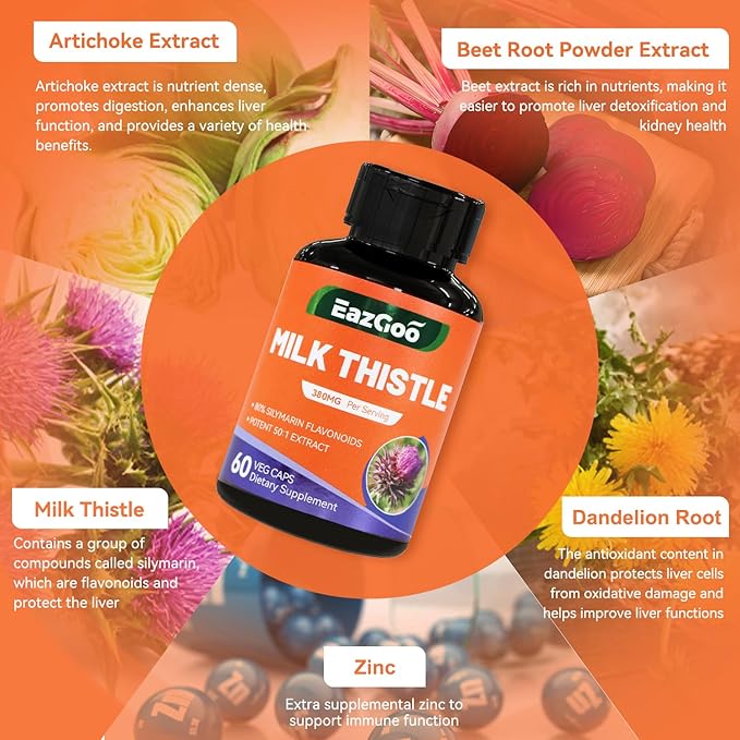 Milk Thistle Supplement,120 Capsules - 380mg of Extract & 80% Silymarin Standardized, Liver Support Supplement, Vegan, Non-GMO