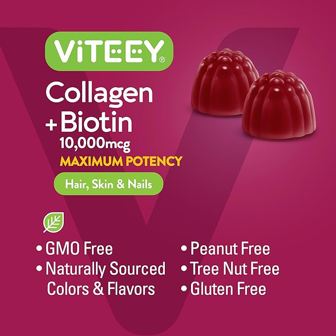 Viteey Collagen Gummies with Biotin Gummies for Hair Skin and Nails Vitamins - Biotin and Collagen Supplements for Women & Men - Gluten-Free – 60 Count