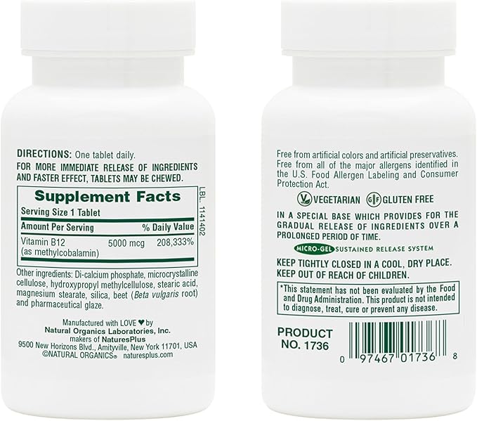 NaturesPlus Shot-O-B12 5000 mcg - 60 Sustained Release Tablets, Pack of 2 - Supports Energy Production & Mood - Vegetarian, Gluten Free - 120 Total Servings
