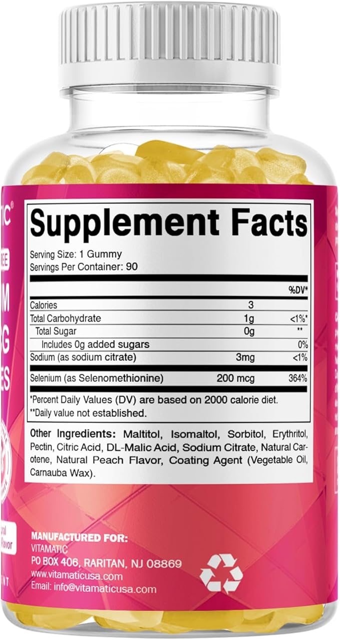 Vitamatic Yeast Free Selenium Gummies 200mcg as Selenomethionine Supplement Essential Trace Mineral with Superior Absorption 90 Pectin Based Gummies
