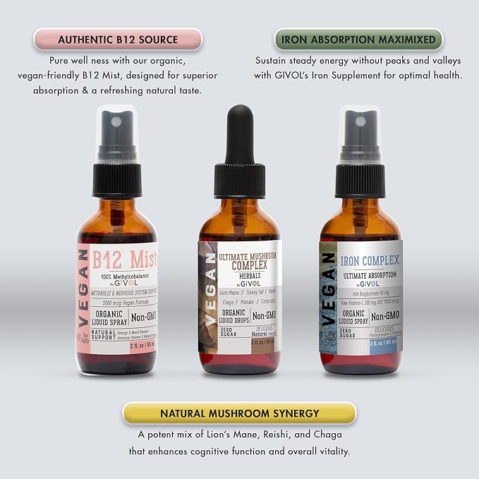 Ultimate Vegan Essential Bundle Liquid Spray- Ultimate Mushroom Complex, Iron Bisglycinate, and Vitamin B12 Methylcobalamin, All Natural, Non-GMO, Gluten Free, Sugar Free 2 Fl Oz 360 Days Supply