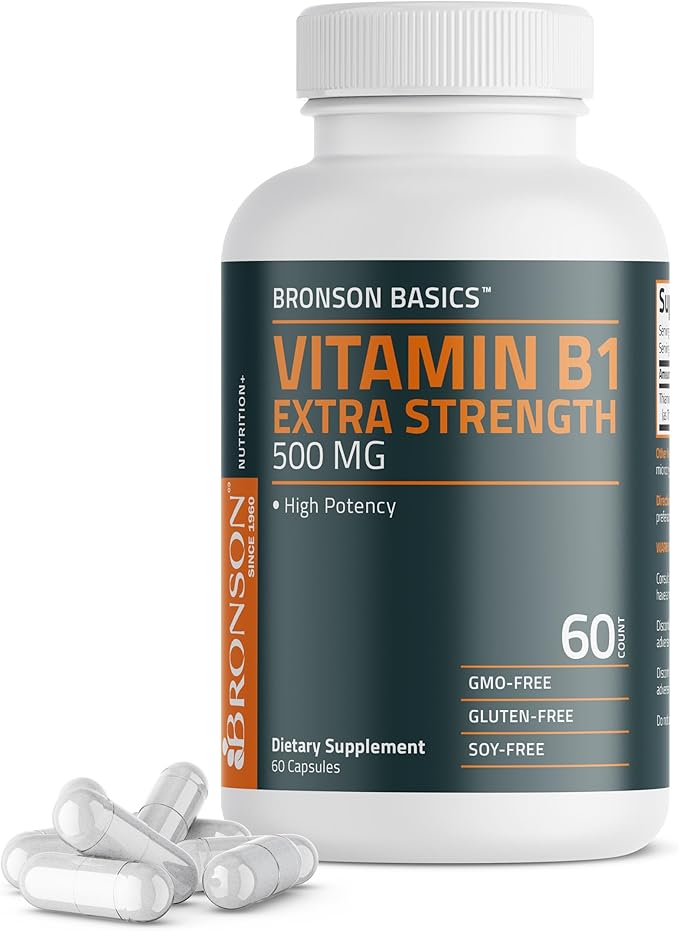 Bronson Vitamin B1 Extra Strength 500 MG High Potency Non-GMO, 60 Capsules