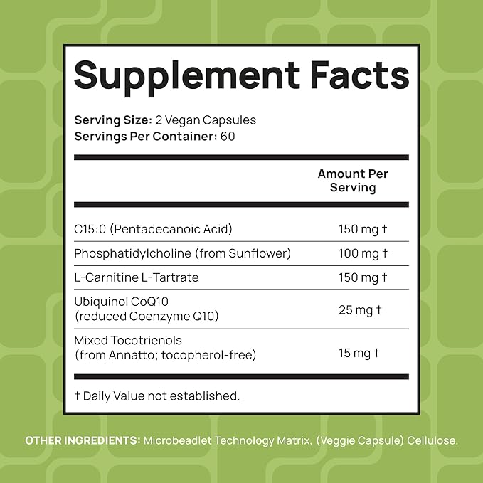 C15:0 Pentadecanoic Acid Supplement | Longevity, Cellular & Membrane Support, Micro-Granule Enhanced Absorption, Phosphatidylcholine, L-Carnitine, Ubiquinol CoQ10 & Tocotrienols – 120ct