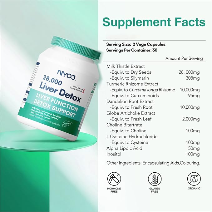 NYO3 Milk Thistle 200mg Liver Detox Supplement with Dandelion Root & Artichoke Extract | 60 Capsules | Silymarin Antioxidant Support,Liver Cleanse & Herbal Health Supplement