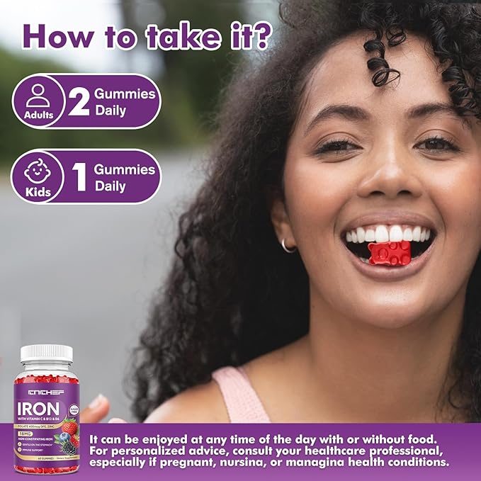 Iron Supplement for Women & Men Gummies, Multivitamin Blood Builder Iron Supplement with Folate Vitamin C B12 B6 Zinc for Adults & Kids - Energy Support - Mixed Berry Flavor, Vegan 60 Gummies
