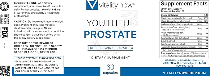 Youthful Prostate - Saw Palmetto for Men with Panax Ginseng, Antioxidant Protection, Vitamin E, Lycopene - Prostate Supplements for Men