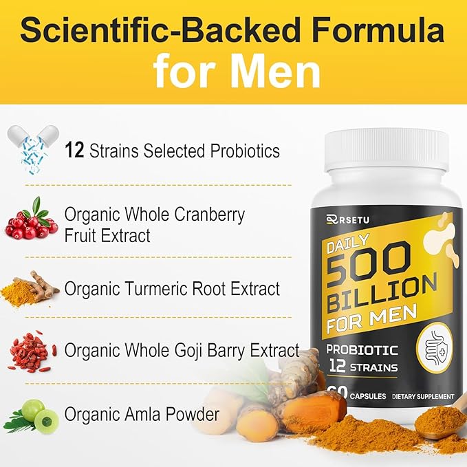 Probiotics for Men, 500 Billion CFUs & 12 Strains Mens Probiotic with Turmeric Cranberry, Goji, Gut Health for Men, for Digestive Health, Gut, Bloating & Gas, Immune, Energy Support, 30-Day Supply