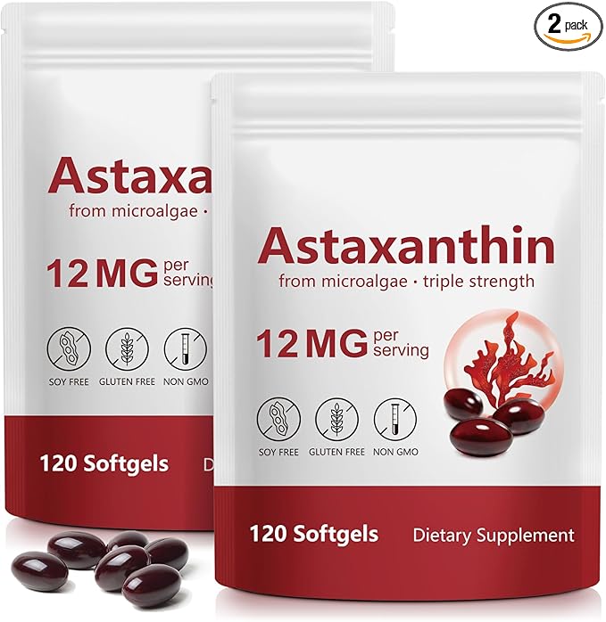 2 Pack Premium Astaxanthin 12mg,120 Softgels | Natural Antioxidant Supplement for Eye, Joint, Skin Health,Microalgae Source | 4 Month Supply | Supports Internal Circulation & Natural Tanning,Non-GMO