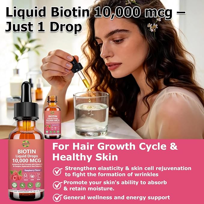 Pure Biotin 10000mcg Liquid Drop Optimal Solutions Hair Skin & Nails Vitamins Support w. Collagen Keratin Hyaluronic Acid Saw Palmetto, Biotin(Vitamin B7) for Hair Growth & Cellular Energy
