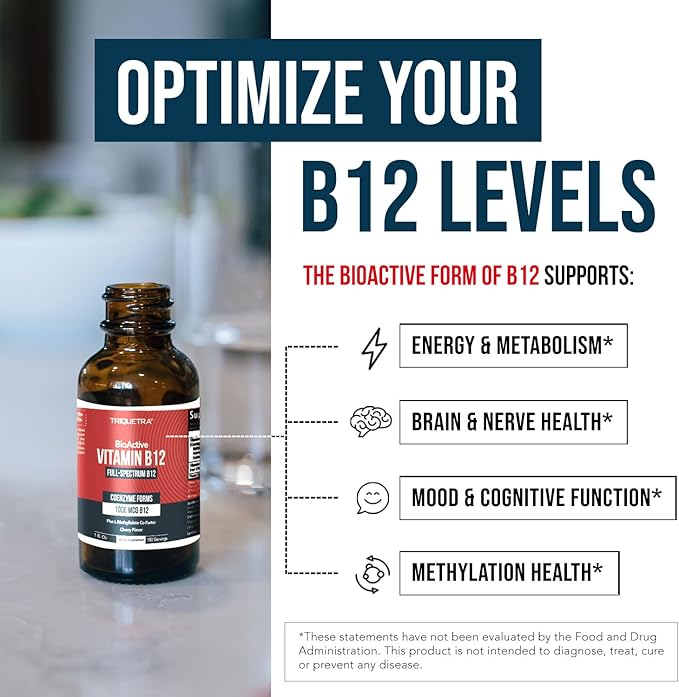 BioActive Vitamin B12 5000 mcg | 3 BioActive Forms Plus Methylfolate Cofactor - Methylcobalamin, Adenosyl & Hydroxy | Sublingual Liquid Drops, Berry Flavor, Organic, Non-GMO, Vegan (1 oz)