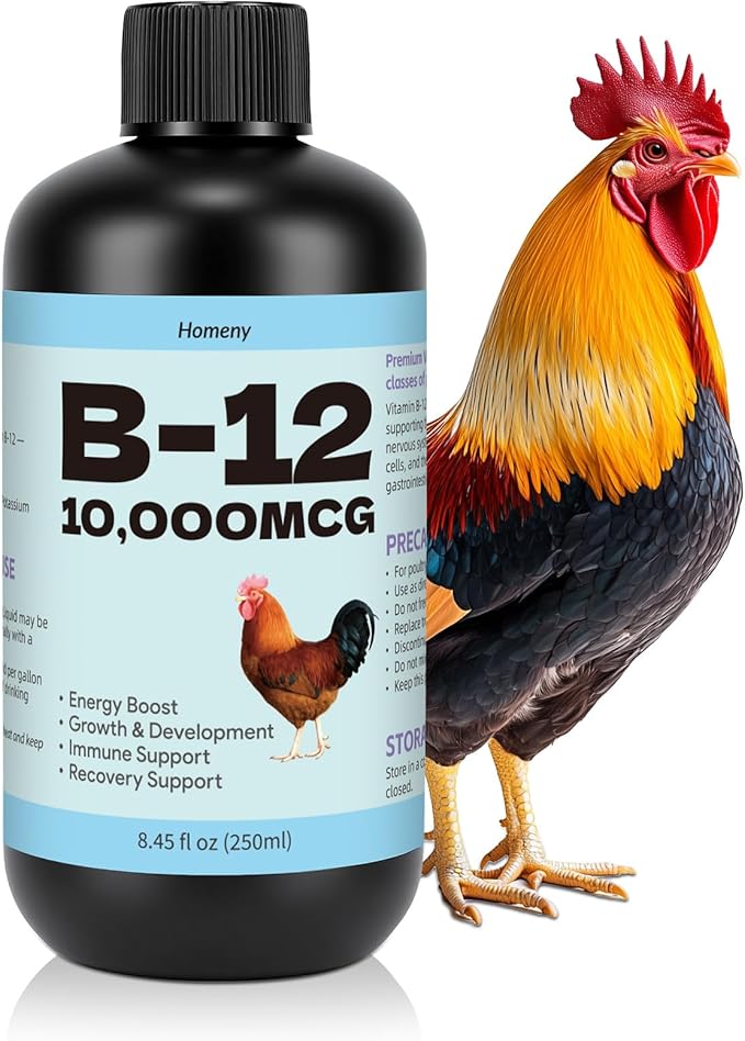 Vitamin B12 Liquid for Poultry, 10000 MCG Nutritional Supplement for Chickens, Supports Daily Vitality & Development, Liquid Vitamin Feed Additive for Hens, Roosters, Ducks, Geese & Turkeys