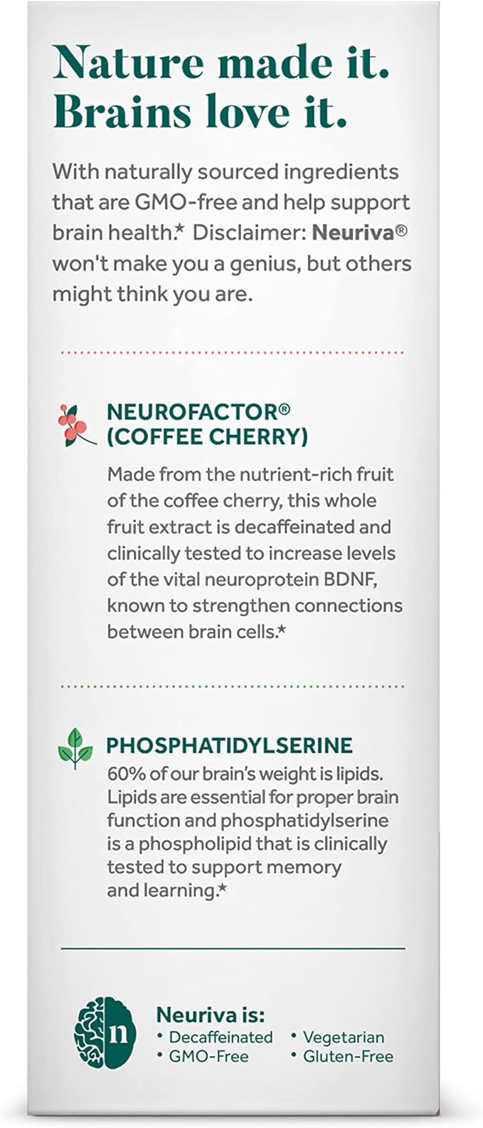 NEURIVA Original Brain Supplement for Memory, Focus & Concentration + Learning & Accuracy with Clinically Tested Nootropics Phosphatidylserine and Neurofactor, Caffeine Free, 30ct Capsules