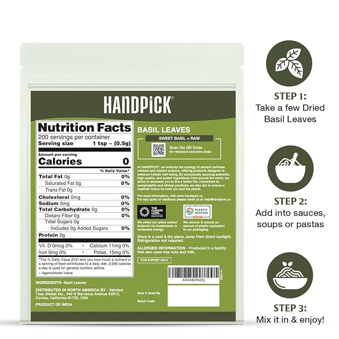 HANDPICK Dried Basil Leaves 40 Servings (100g/ 3.5oz) Non GMO, Gluten Free, 100% Raw Whole Tulsi Leaf, Sourced from India, Premium Quality, Packed in Resealable Ziplock Pouch