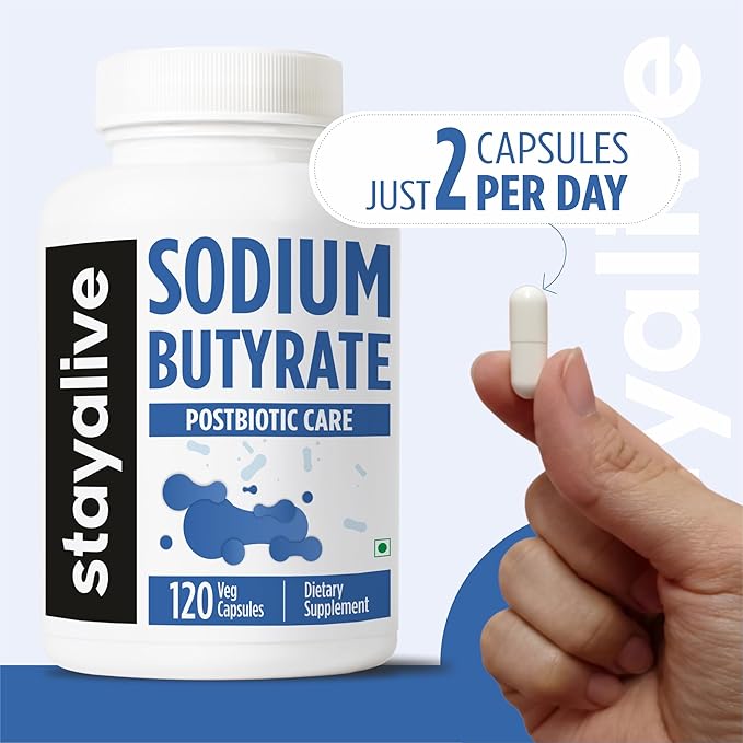 STAY ALIVE Sodium Butyrate Supplement 1200mg, Pure Butyric Acid Postbiotic, 120 Count, 2 Month Supply, Non-GMO and Gluten-Free Butyrate Powder Capsules