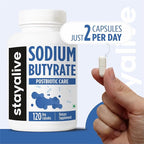 STAY ALIVE Sodium Butyrate Supplement 1200mg, Pure Butyric Acid Postbiotic, 120 Count, 2 Month Supply, Non-GMO and Gluten-Free Butyrate Powder Capsules