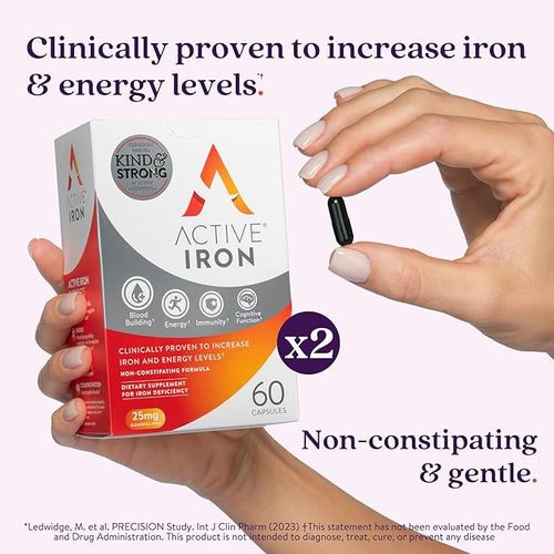Active Iron Supplement 25mg, Clinically Proven to Increase Iron & Energy Levels, Maximum Absorption, Gentle, Non-Constipating, Avoids Nausea & Side Effects, 120 On-the-Go Foil Protected Capsules
