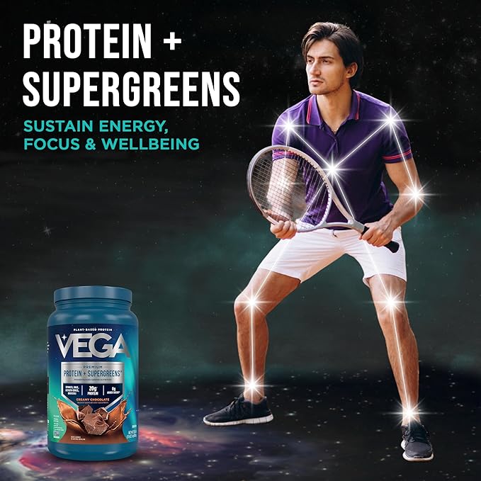 Vega Premium Protein + Supergreens, Chocolate – 20g Vegan Protein, Dairy & Gluten Free, 28.8 oz (25 Servings)