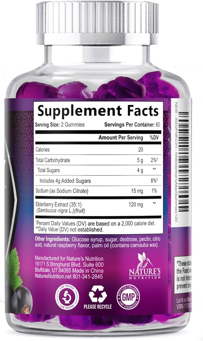 Elderberry Immune Support Gummies - Elderberry Extract Sambucus Nigra - Black Elder Berry Vitamin Supplement - Natural, Daily Immune Support Kids & Adults Love - Delicious Berry Flavor - 120 Gummies