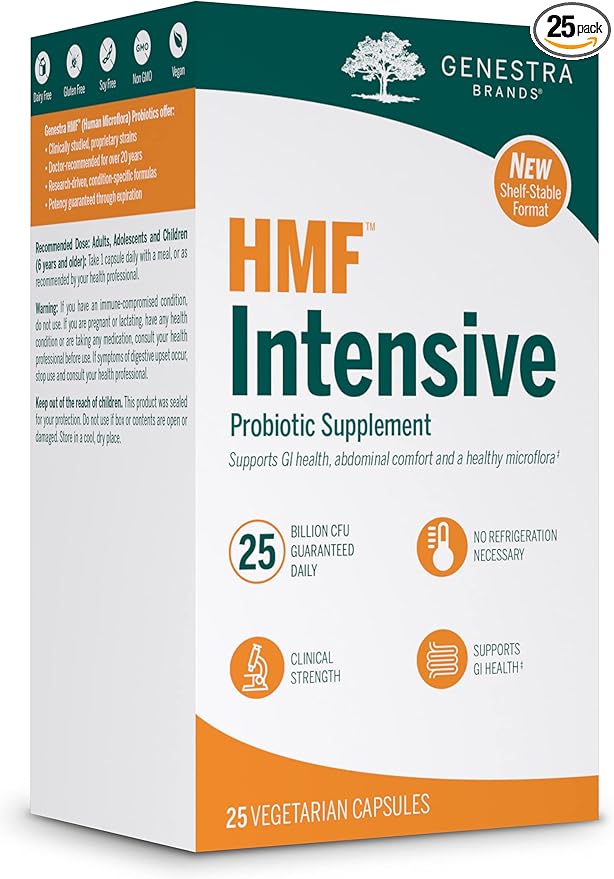 Genestra Brands HMF Intensive | Shelf-Stable Probiotic Supplement Support for GI Health, Abdominal Comfort and Healthy Microflora* | 25 Vegetarian Capsules