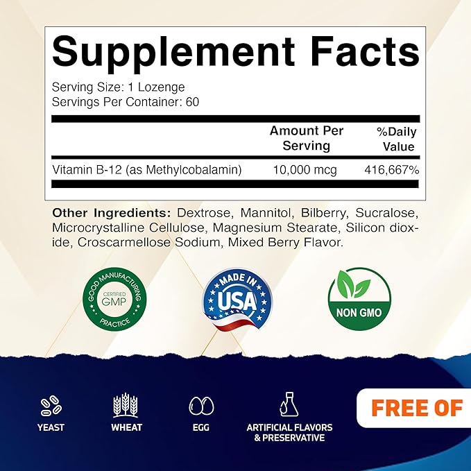 Vitamatic Methyl Vitamin B12 (Methylcobalamin) 10,000 mcg (10mg) 60 Lozenges - Superior Source of Vitamin B12 (2 Pack)