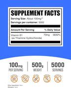 BulkSupplements Thiamine HCl Powder - Thiamine Hydrochloride, B1 Vitamins, Thiamine B1 Supplement, Thiamine 100mg - Gluten Free, 100mg per Serving, 500g (1.1 lbs) (Pack of 1)