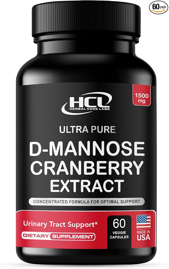HCL HERBAL CODE LABS D-Mannose with Cranberry Extract Capsules 1500mg – High Potency USP Grade D-Mannose Supplement with Whole Fruit Cranberry Powder – Urinary Tract Support – Non-GMO 60 Capsules