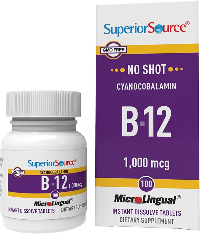 Superior Source No Shot Vitamin B-12 Cyanocobalamin 1000 mcg - Vitamin B-12 to Support Energy Production, Brain Health & Overall Wellness - Sublingual Tablets - 100 Dissolvable Tablets
